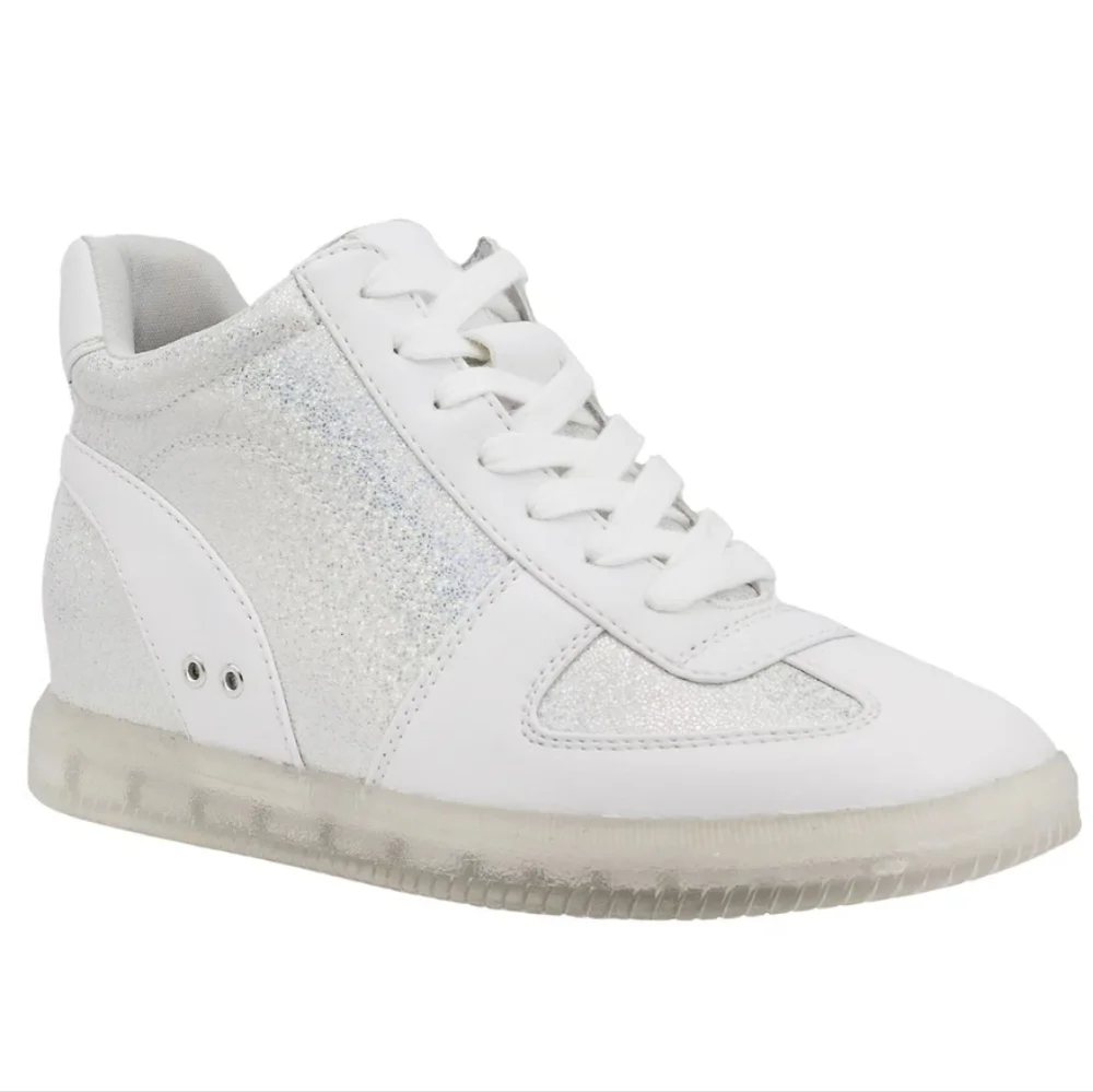 NEW Women's White Sparkly Sneakers High Top Glitter Shine Shoes 9M True Craft